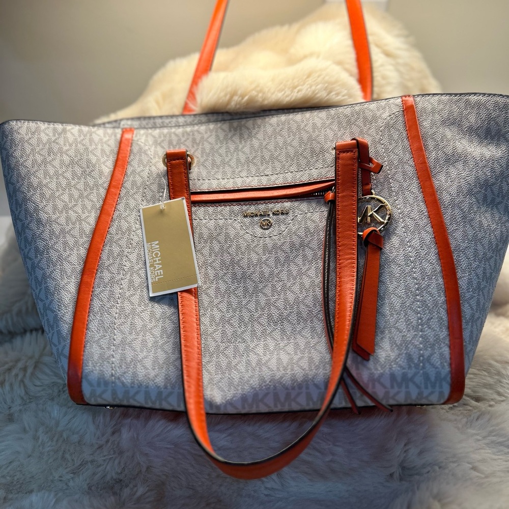 Michael Kors Beige MK Logo Tote with Orange Trim